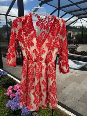 Red Lace Overlay V-Neck Dress